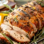 Sliced herb and Parmesan crusted turkey breast on a platter with fresh herbs and lemon wedges