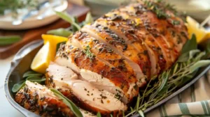 Sliced herb and Parmesan crusted turkey breast on a platter with fresh herbs and lemon wedges