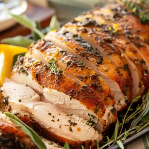 Sliced herb and Parmesan crusted turkey breast on a platter with fresh herbs and lemon wedges