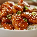 Close-up of honey garlic chicken glazed with sesame seeds and green onions over white rice