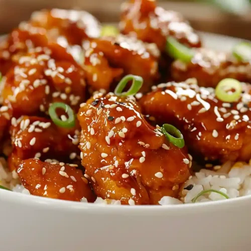 Close-up of honey garlic chicken glazed with sesame seeds and green onions over white rice