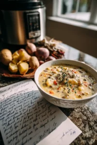 A creamy bowl of Instant Pot potato soup garnished with herbs and cheese beside an open recipe card