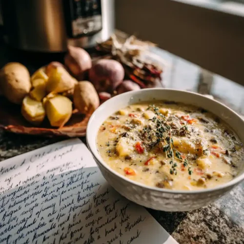 A creamy bowl of Instant Pot potato soup garnished with herbs and cheese beside an open recipe card