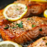 Close-up of lemon pepper salmon fillets in a skillet with lemon slices and herbs