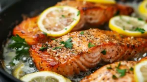 Close-up of lemon pepper salmon fillets in a skillet with lemon slices and herbs