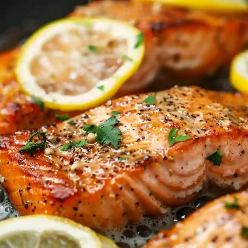 Close-up of lemon pepper salmon fillets in a skillet with lemon slices and herbs