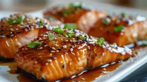Close-up of miso glazed salmon fillets garnished with sesame seeds and green onions