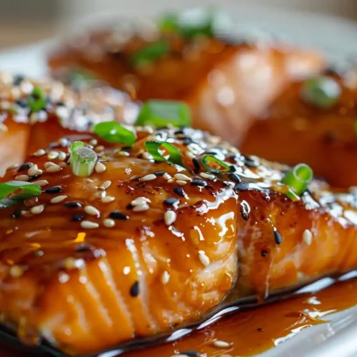 Close-up of miso glazed salmon fillets garnished with sesame seeds and green onions