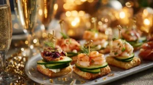 Elegant New Year’s Eve appetizers with shrimp, smoked salmon, cucumbers, and puff pastry served on a festive platter with champagne glasses.
