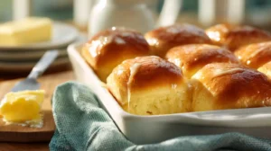 Golden Parker House rolls brushed with melted butter, served warm and fluffy from the oven.