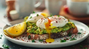 Poached eggs on creamy avocado toast with lemon and herbs