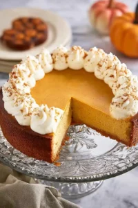 Slice of creamy pumpkin pie cheesecake topped with whipped cream and cinnamon on a glass cake stand