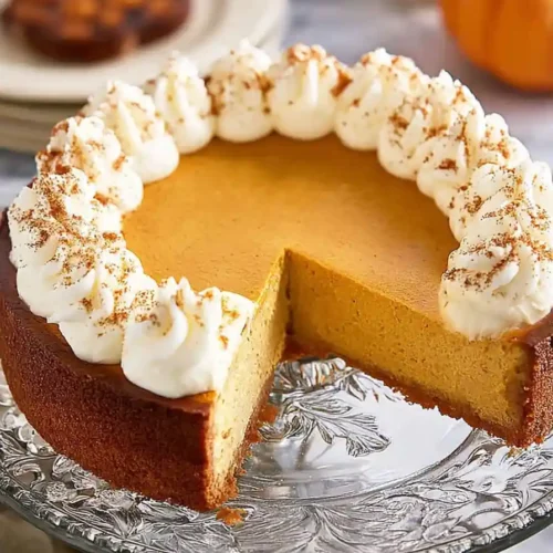 Slice of creamy pumpkin pie cheesecake topped with whipped cream and cinnamon on a glass cake stand
