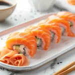 Elegant salmon sushi rolls with creamy filling, served with soy sauce and pickled ginger — a Japanese classic.
