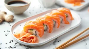 Elegant salmon sushi rolls with creamy filling, served with soy sauce and pickled ginger — a Japanese classic.