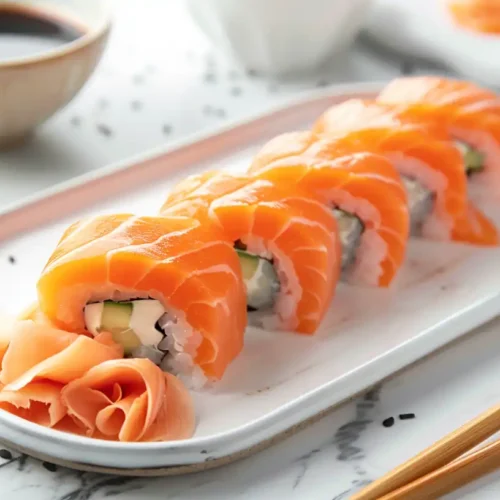 Elegant salmon sushi rolls with creamy filling, served with soy sauce and pickled ginger — a Japanese classic.