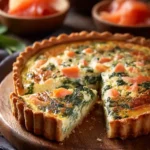 Close-up of a golden salmon and spinach quiche on a wooden board with creamy filling and flaky crust