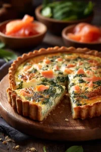 Close-up of a golden salmon and spinach quiche on a wooden board with creamy filling and flaky crust