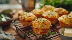 Golden savory cheese muffins cooling on a wire rack, topped with herbs and melted cheese
