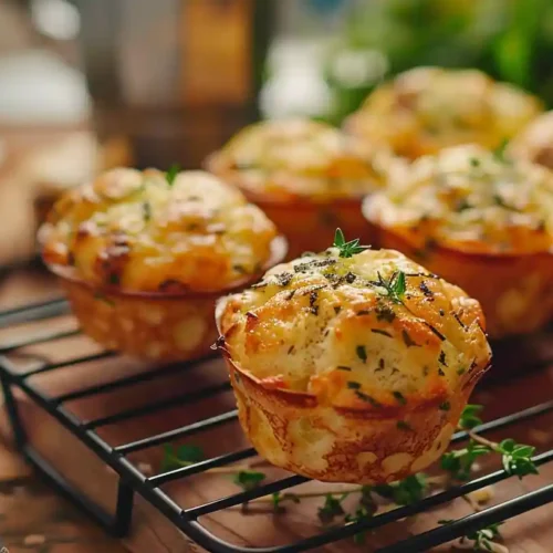 Golden savory cheese muffins cooling on a wire rack, topped with herbs and melted cheese