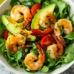 Overhead shot of shrimp and avocado salad with cherry tomatoes, arugula, and lime wedges