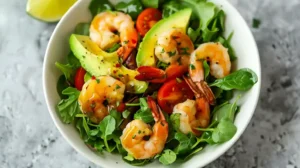 Overhead shot of shrimp and avocado salad with cherry tomatoes, arugula, and lime wedges