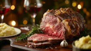 Juicy sliced prime rib roast served with mashed potatoes and red wine in a festive Christmas setting