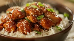 Steaming bowl of slow cooker teriyaki chicken served over white rice with sesame seeds and scallions