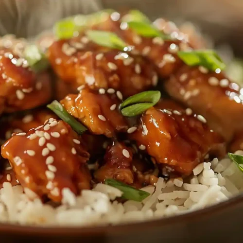 Steaming bowl of slow cooker teriyaki chicken served over white rice with sesame seeds and scallions