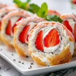 Close-up of strawberry dessert sushi rolls filled with cream and wrapped in a crispy golden coating.