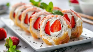 Close-up of strawberry dessert sushi rolls filled with cream and wrapped in a crispy golden coating.