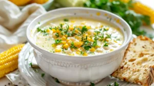 Bowl of creamy summer corn chowder garnished with fresh herbs and served with bread