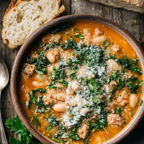Rustic bowl of Tuscan white bean and sausage soup topped with kale and Parmesan cheese