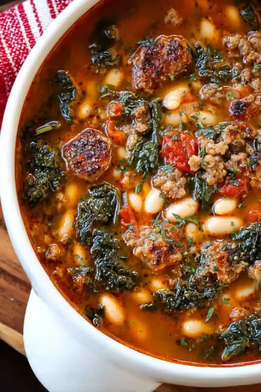 Rustic Tuscan white bean soup with sausage, kale, and tomatoes in a warm broth.