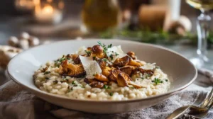 Creamy wild mushroom risotto topped with sautéed mushrooms, Parmesan, and fresh herbs