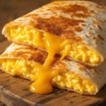 Delicious breakfast quesadilla filled with scrambled eggs and melted cheese