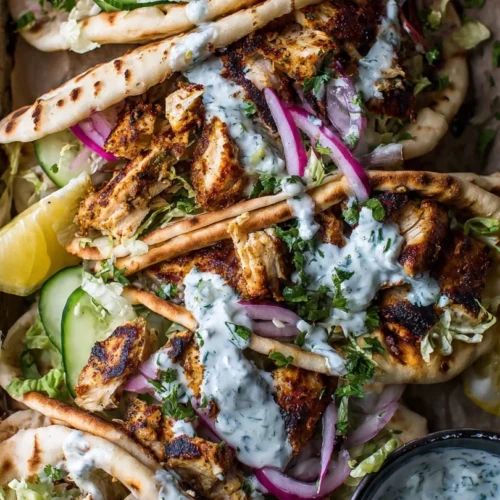 Delicious sheet pan chicken pitas ready to serve on a colorful plate.