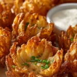 Air fryer crispy mini blooming onions served on a plate with dipping sauce