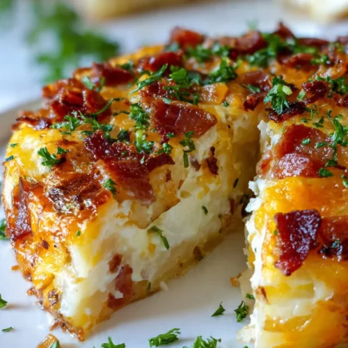 Delicious Amish breakfast casserole served on a white plate with a side of fruit.