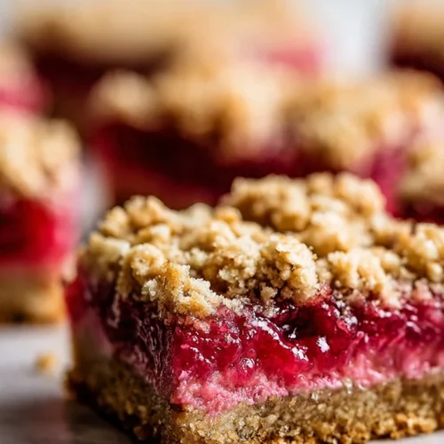 Delicious Amish Oatmeal Rhubarb Bars with oatmeal crust and rhubarb filling