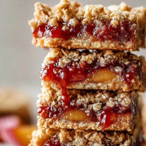 Amish oatmeal rhubarb bars with crumb topping on a plate