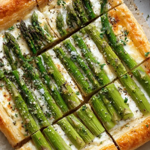 Asparagus Gruyere Tart with fresh asparagus and melted cheese on a flaky pastry crust.