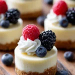 Delicious baked mini cheesecakes topped with fresh berries and whipped cream