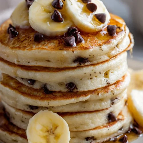 Delicious banana chocolate chip pancakes stacked on a plate, topped with syrup