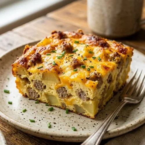 Deliciously baked breakfast casserole with eggs, cheese, and vegetables
