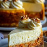 Delicious homemade carrot cake cheesecake topped with cream cheese frosting.