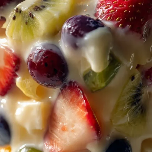 Delicious cheesecake fruit salad with fresh fruits and creamy cheesecake topping