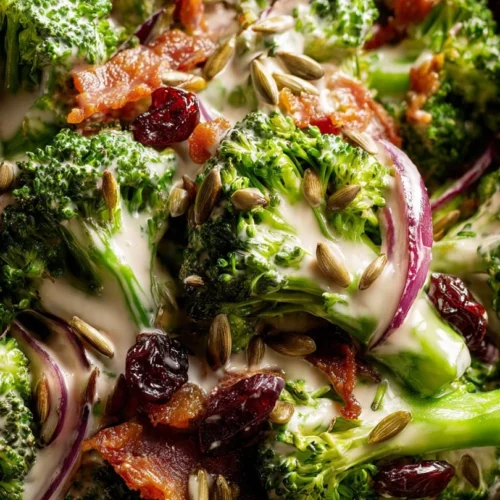 Delicious classic broccoli salad with crunchy vegetables and creamy dressing