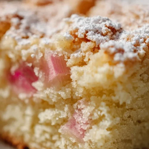 Loaf of best ever rhubarb bread showcasing its moist texture and vibrant color.
