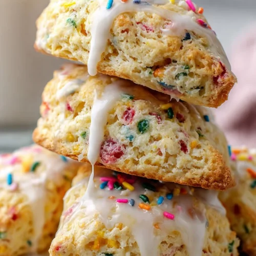 Delicious birthday cake scones topped with frosting and sprinkles.